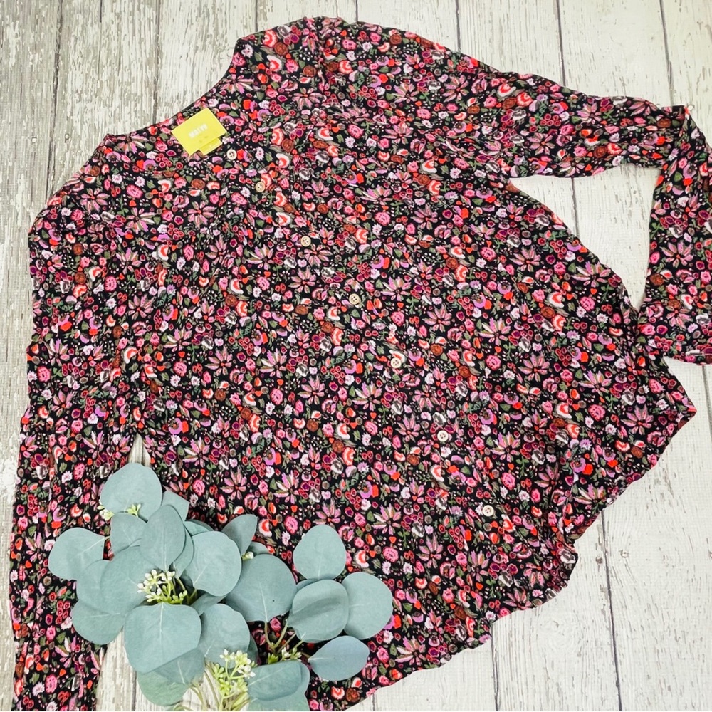 Maeve Black Floral Button Down Shirt with Pink and Red Flowers